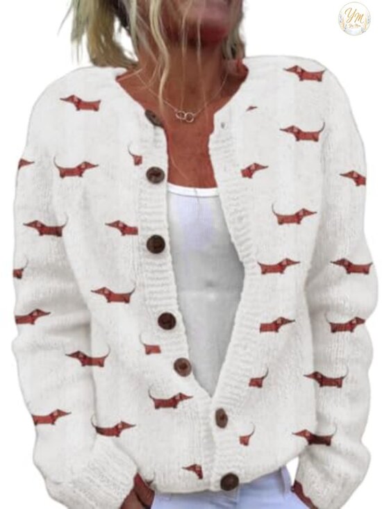Sweaters - Funny Fall Winter Animal Floral Christmas Tree Long Sleeve Button Knit Cardigan